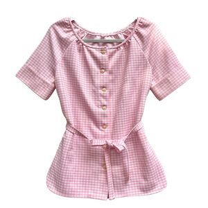 VTG Gingham Feminine Coquette Shirt Waist Tie, Buttons, Soft Girl Lolita Medium‎